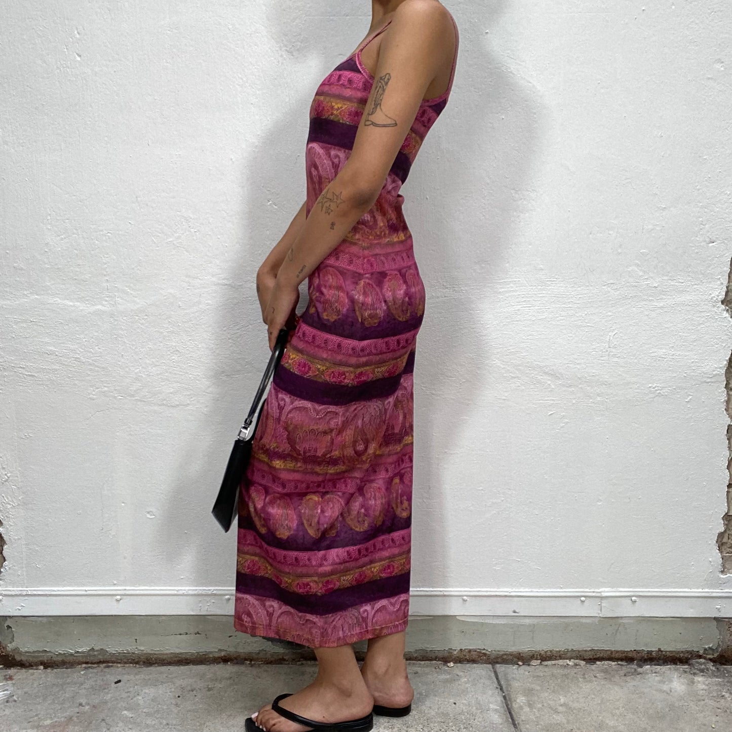 Vintage 90's Indie Pink Maxi Body Con Dress with Paisley Print (S)