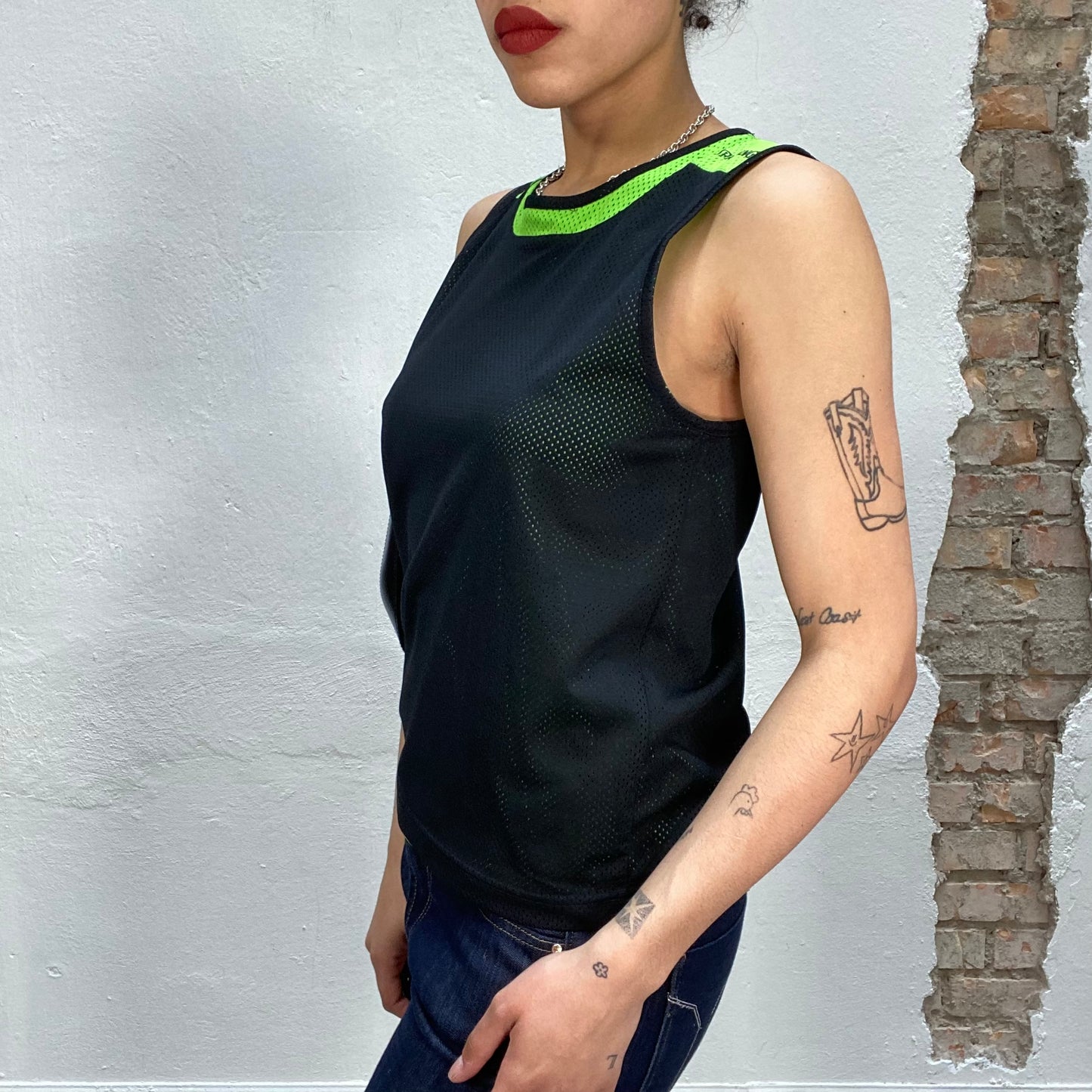 Vintage 90's Streetstyle Black and Green Tricot Mesh Tank Top (S/M)