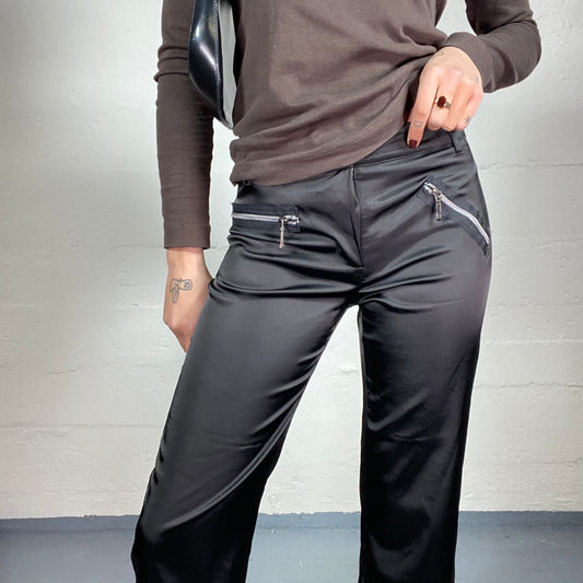 Vintage 2000's Sleaze Black Satined Capri Pants with Zips Detail (S)