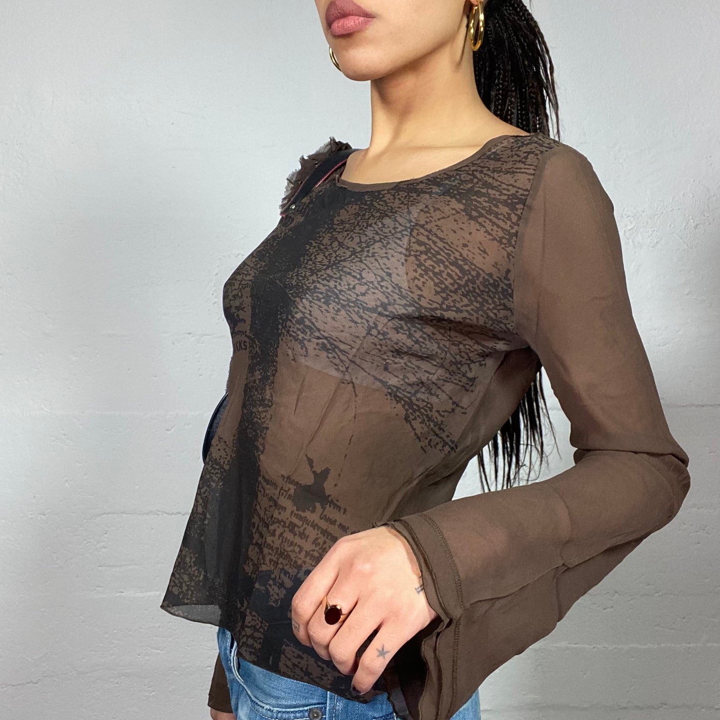 Vintage 2000's Ikks Rave Brown Mesh Longsleeve Top with Tree Print (S)