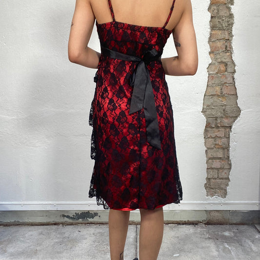 Vintage 2000's Gothic Red and Black Lace Layered Midi Dress (S)