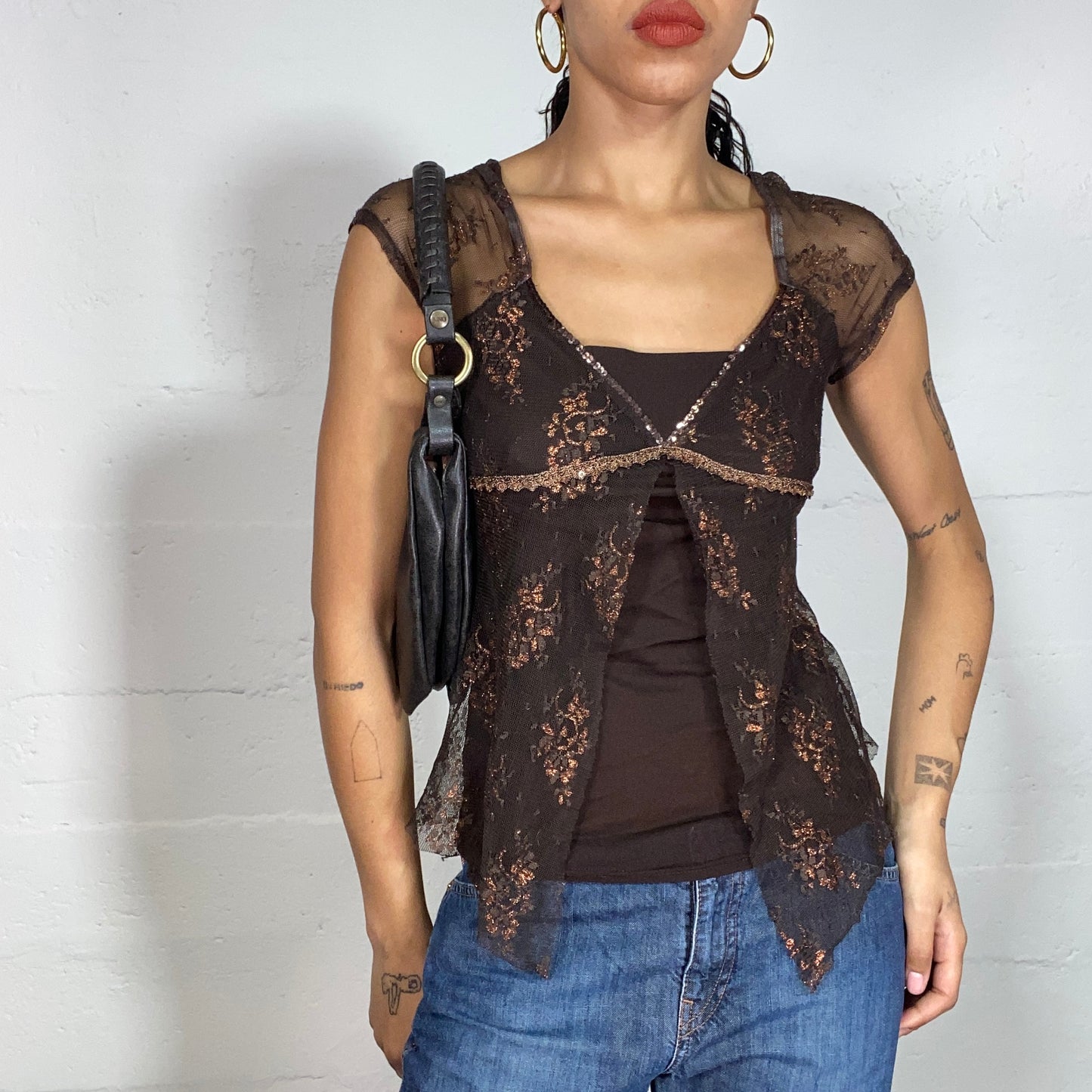 Vintage 90's Whimsigoth Brown Layered Top with Lace and Glittery Open Part (S)