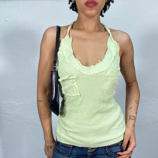 Vintage 2000's Grunge Lime Green Raw Hem Halter Neck Top with Pocket Details (S)