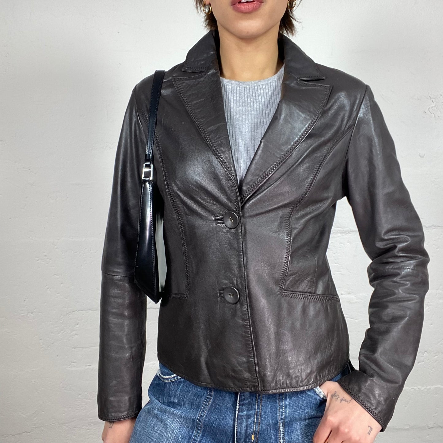 Vintage 90's Rachel Green Brown Leather Short Coat with Big