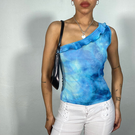 Vintage 2000's Funky Blue Batik One Shoulder Top with Dot Print (S)