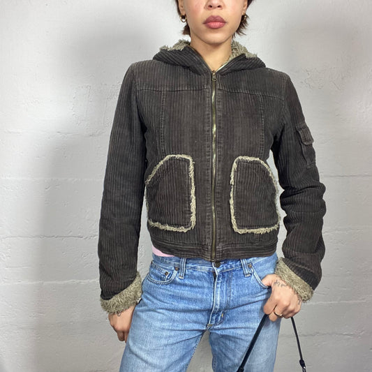 Vintage 90's Fairy Khaki Short Zip Up Corduroy Jacket with Fluffy Trims Detail (S)