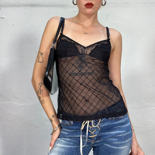 Vintage 2000's Clubwear Black Sheer Mesh Top with Checked Pattern and Visible Bra Pads(S)