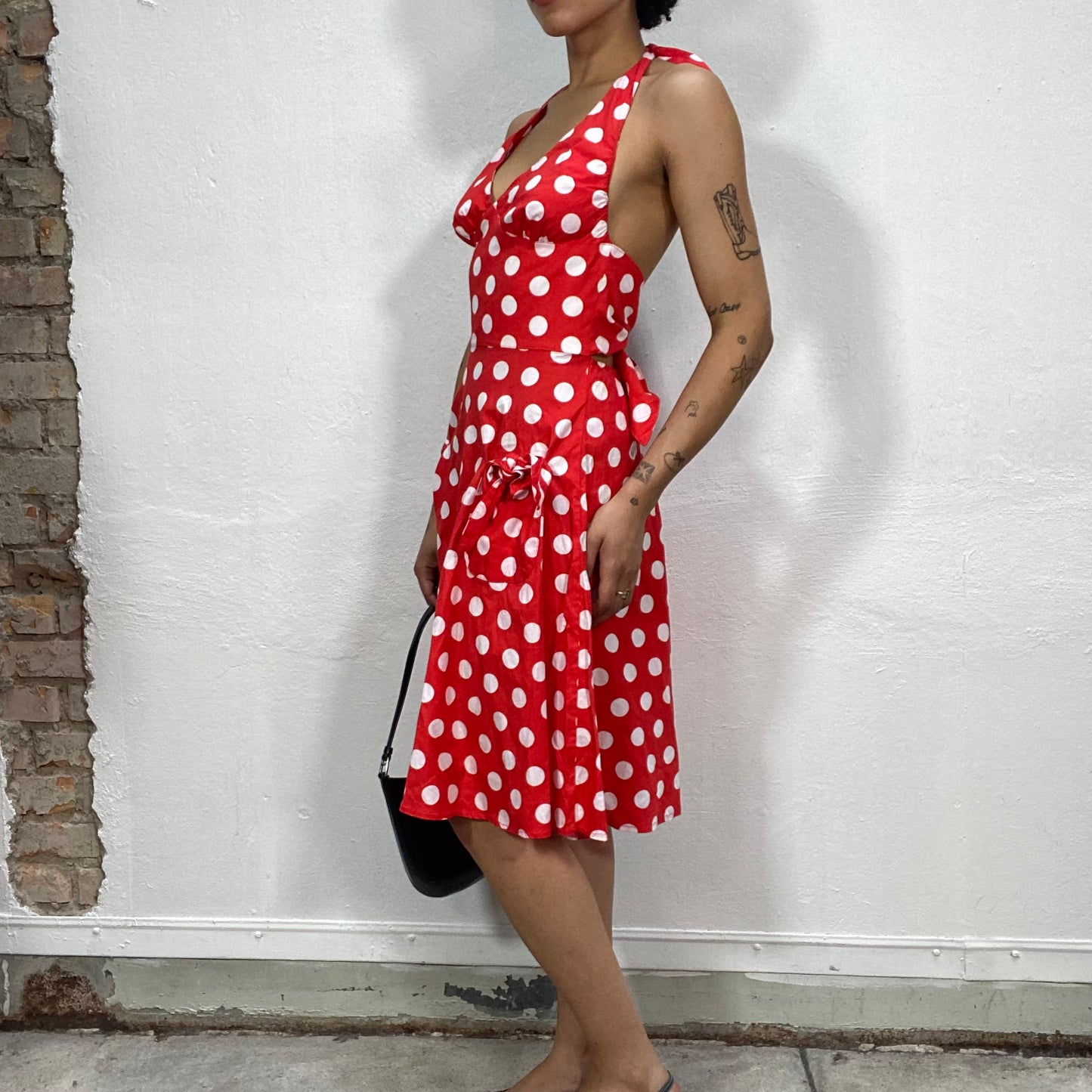 Vintage 90's Pin Up Girl Red Halter Neck Polka Dot Dress with Bow Detail (S)