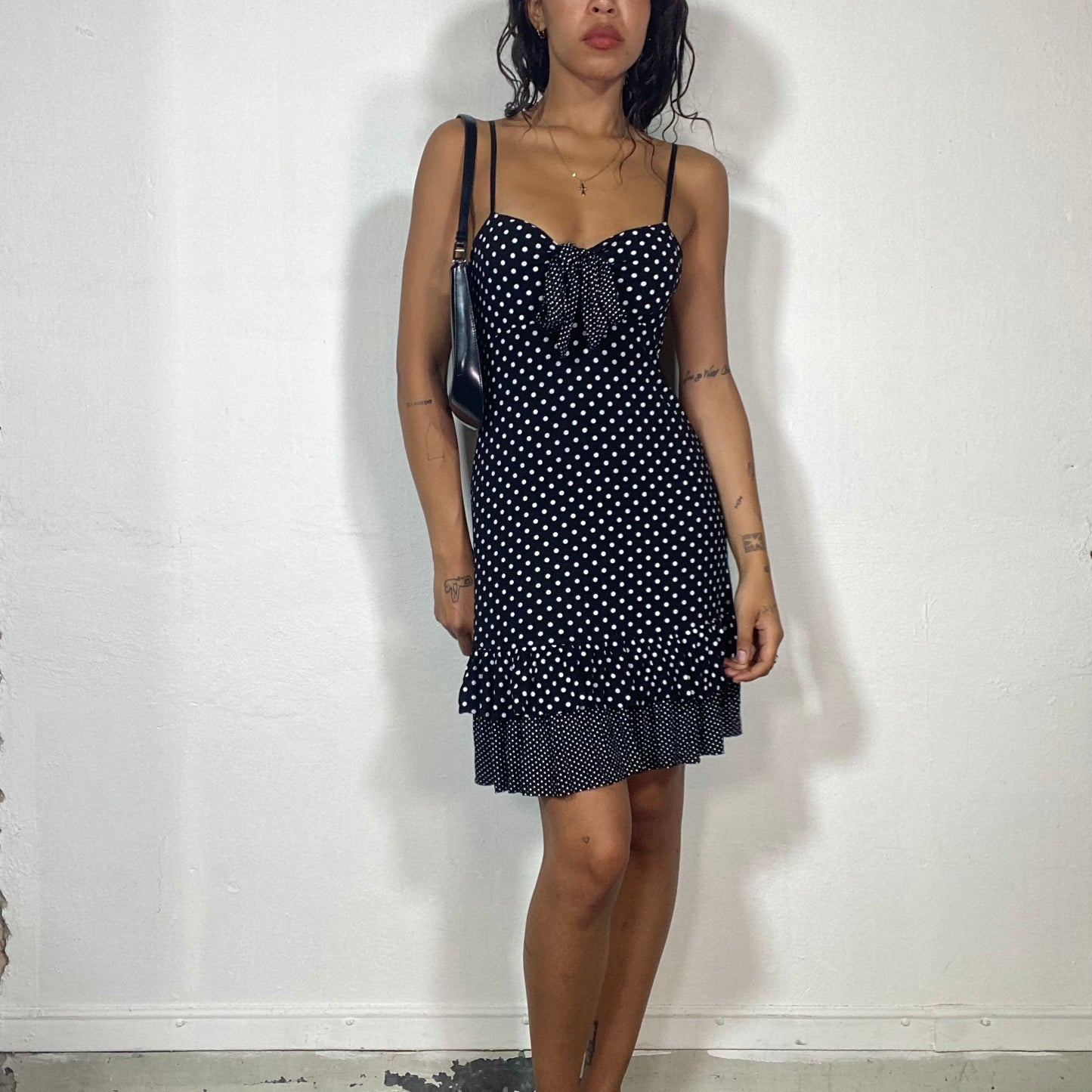 Vintage 2000's Italian Summer White and Black Polkadots Dress with Bow & Frilled Detail (XS)