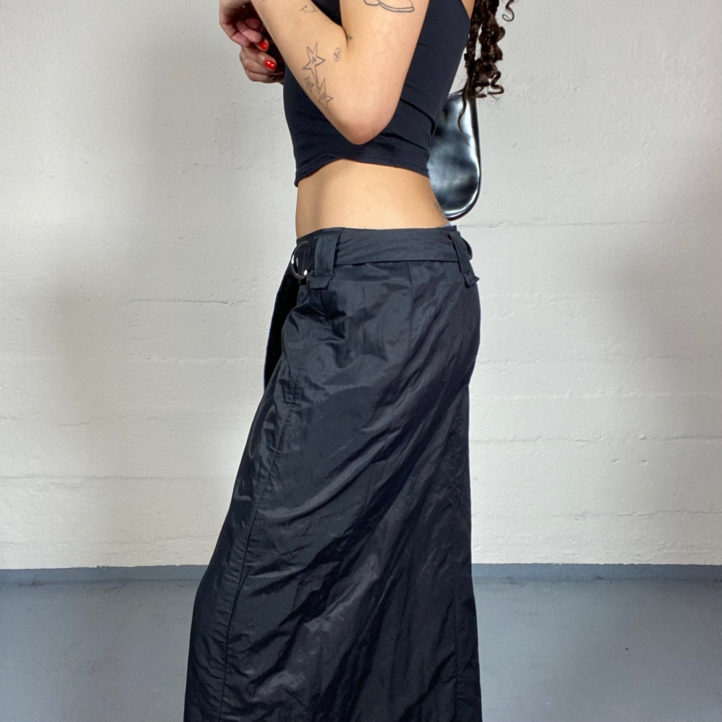 Vintage 2000's Archive Black Maxi Cargo Skirt with Bright Finish Material and Studded Belt Detail (S/M)