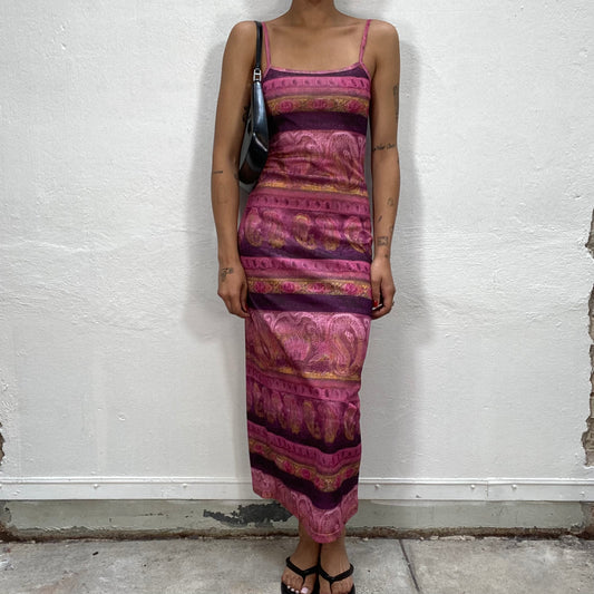 Vintage 90's Indie Pink Maxi Body Con Dress with Paisley Print (S)