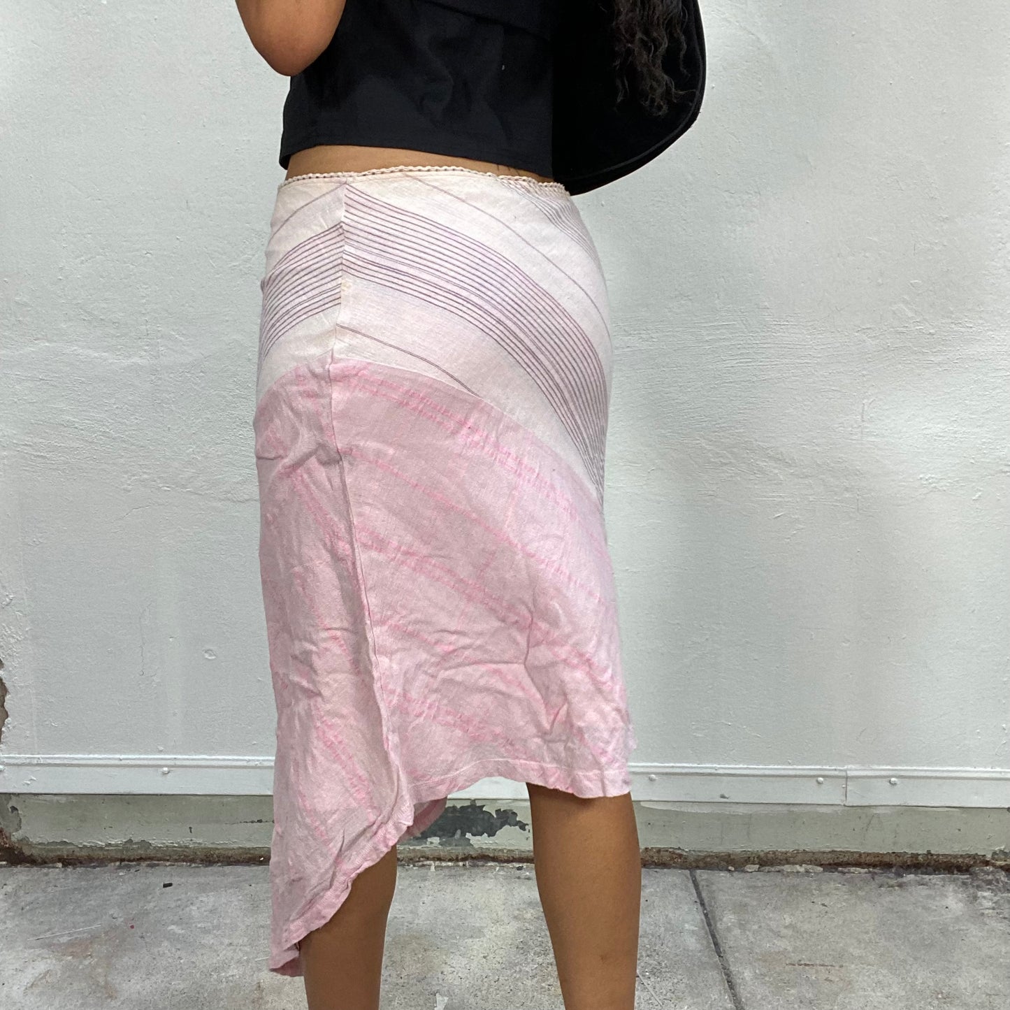 Vintage 2000's Indie Baby Pink Asymmetric Midi Skirt with Trim (S)