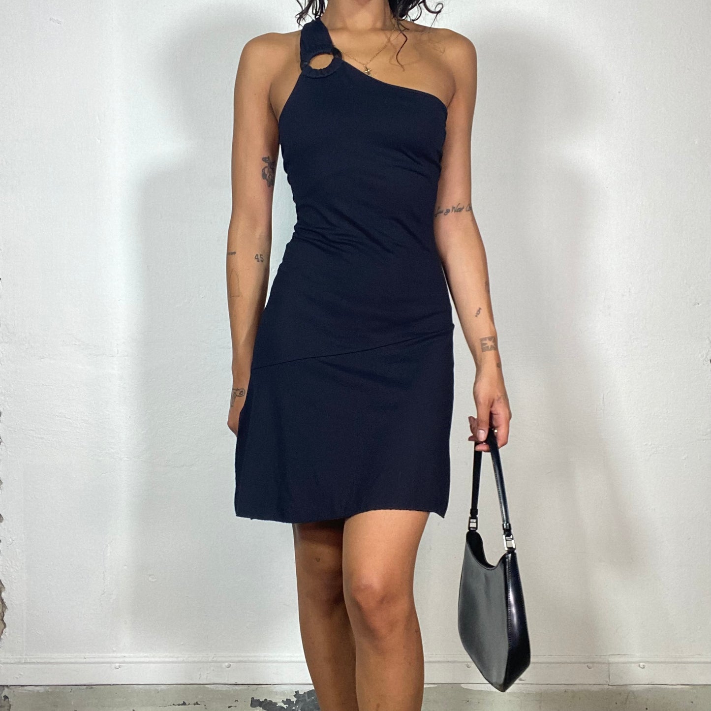 Vintage 2000's Clubwear Black One Shoulder Dress with Strap Ring Detail (XS)