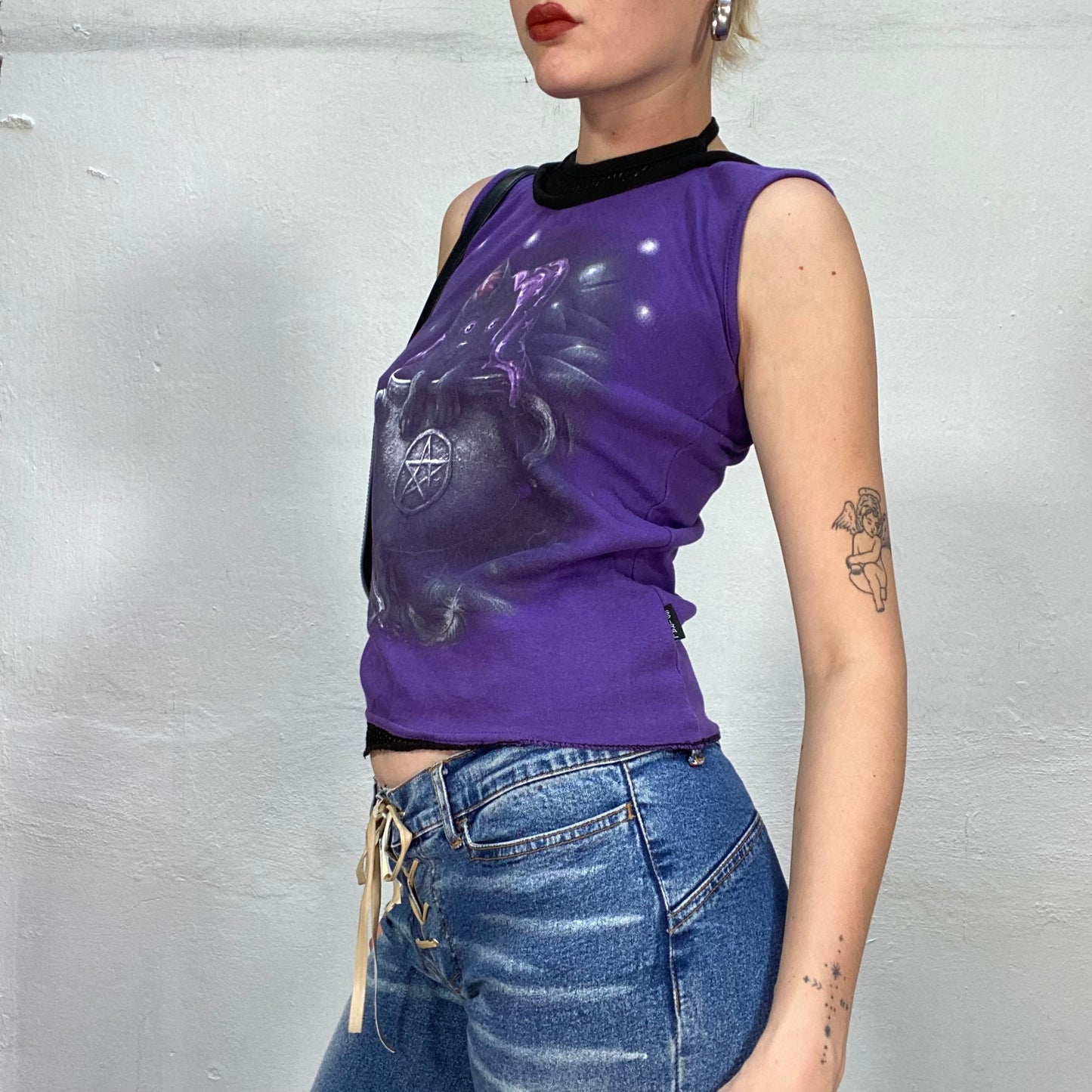 Vintage 2000's Gothic Purple Top with Witchy Black Cat Print and Fishnet Parts (S)