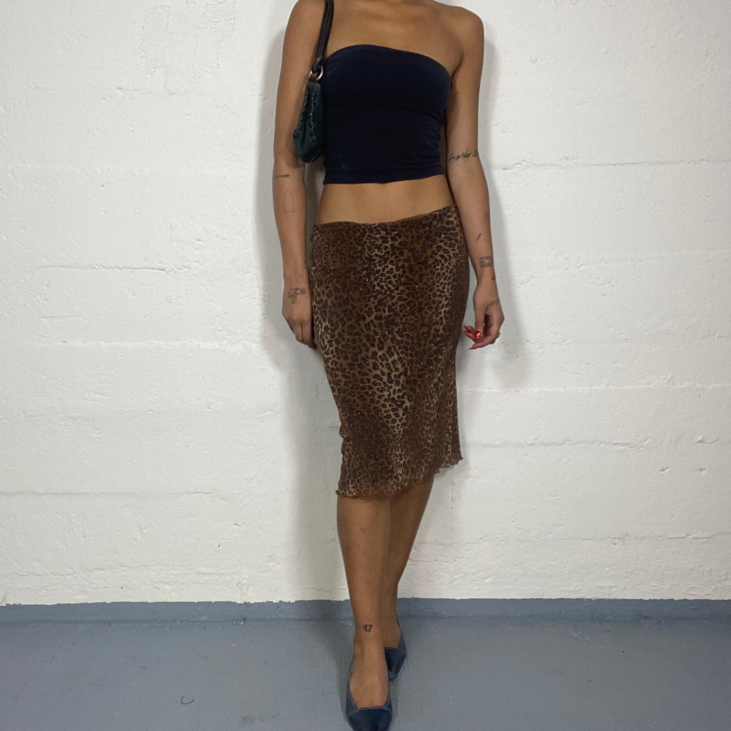 Vintage 90's Janice Brown Pencil Midi Skirt with Leopard Print with Glitter Detail (S)