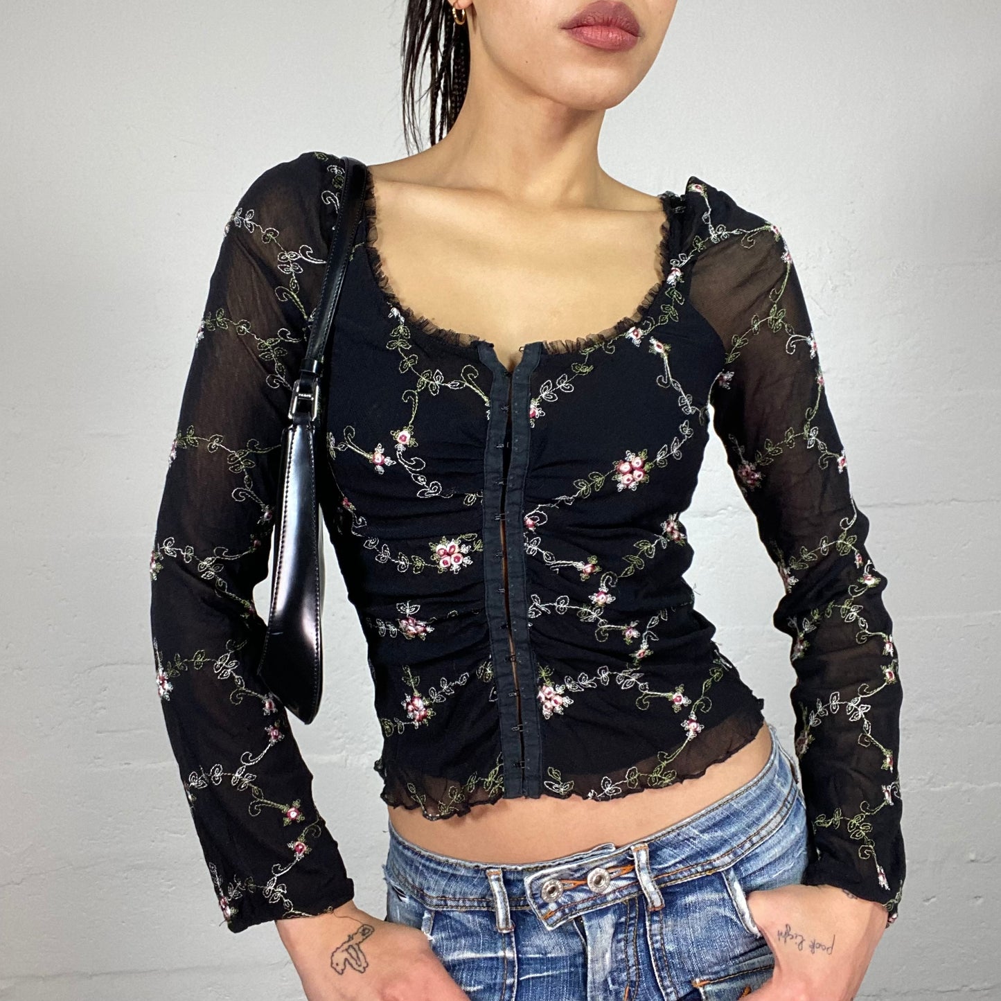 Vintage 2000's Coquette Black Mesh Longsleeve Corset Top with Pink Floral Embroidery Detail (S)