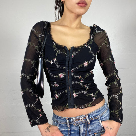 Vintage 2000's Coquette Black Mesh Longsleeve Corset Top with Pink Floral Embroidery Detail (S)