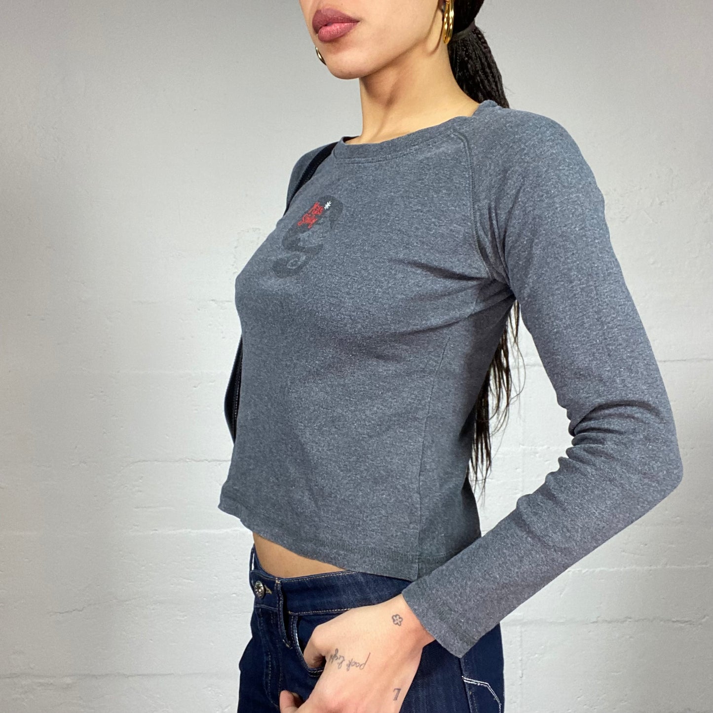 Vintage 2000's Miss Sixty College Girl Grey Longsleeve Top with Girl Print (S)