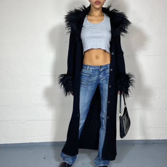 Vintage 2000's Bratz Black Long Coat with Deep Black Faux Fur Trims (S/M)