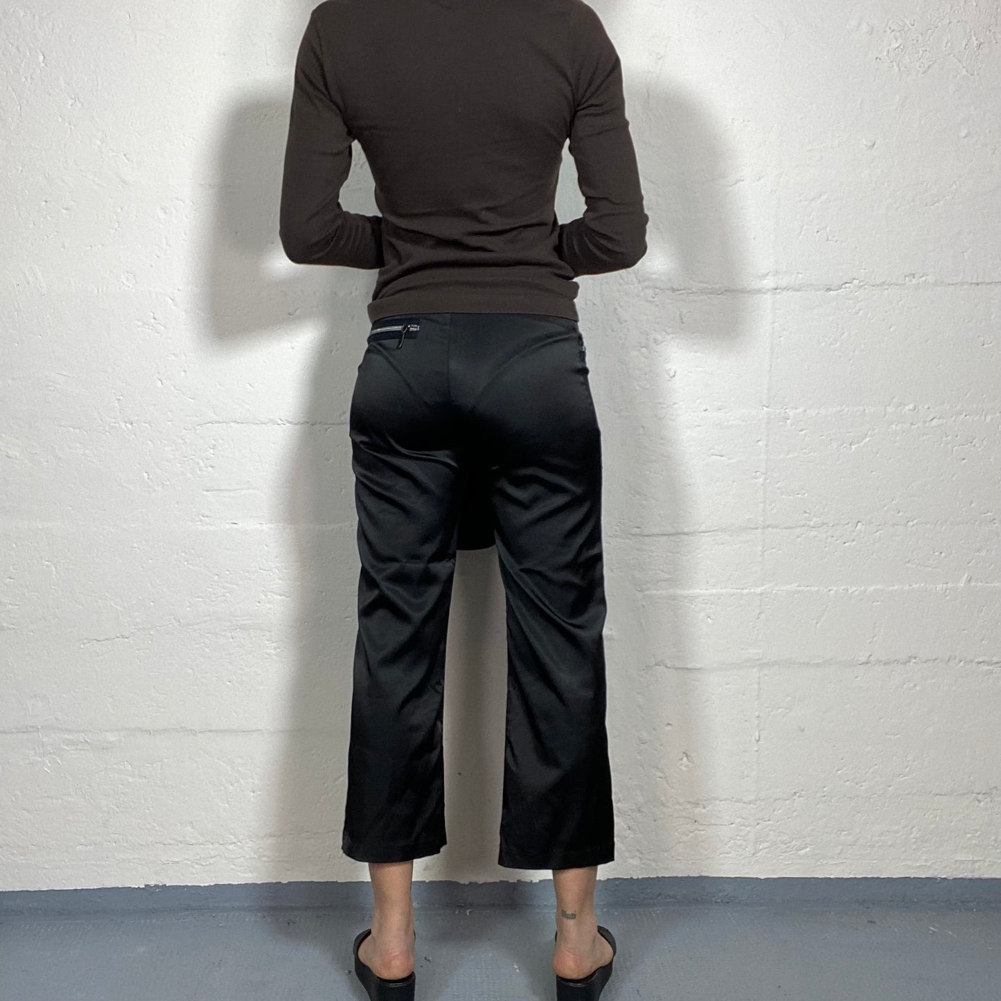 Vintage 2000's Sleaze Black Satined Capri Pants with Zips Detail (S)