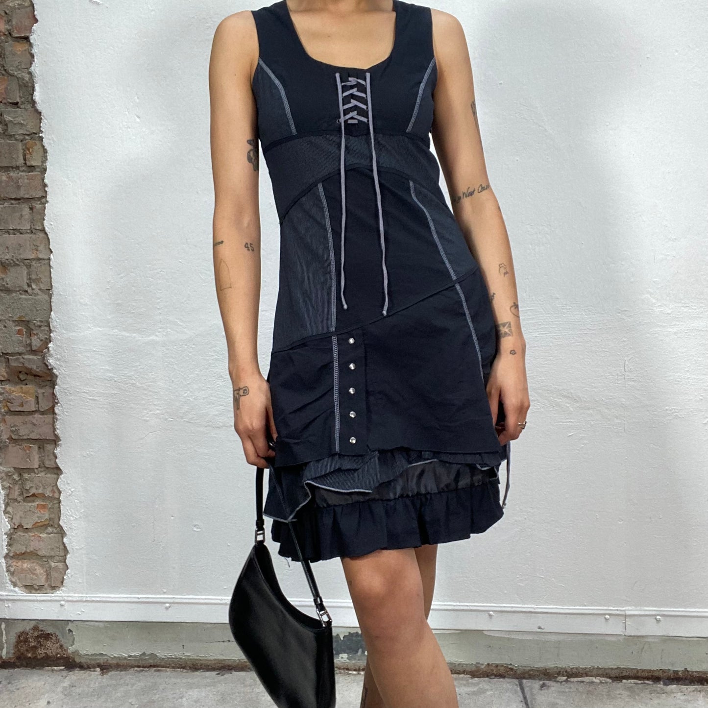 Vintage 90's Cyber Black Mini Dress with Contrast Stitching and Pinstripe Details (S)