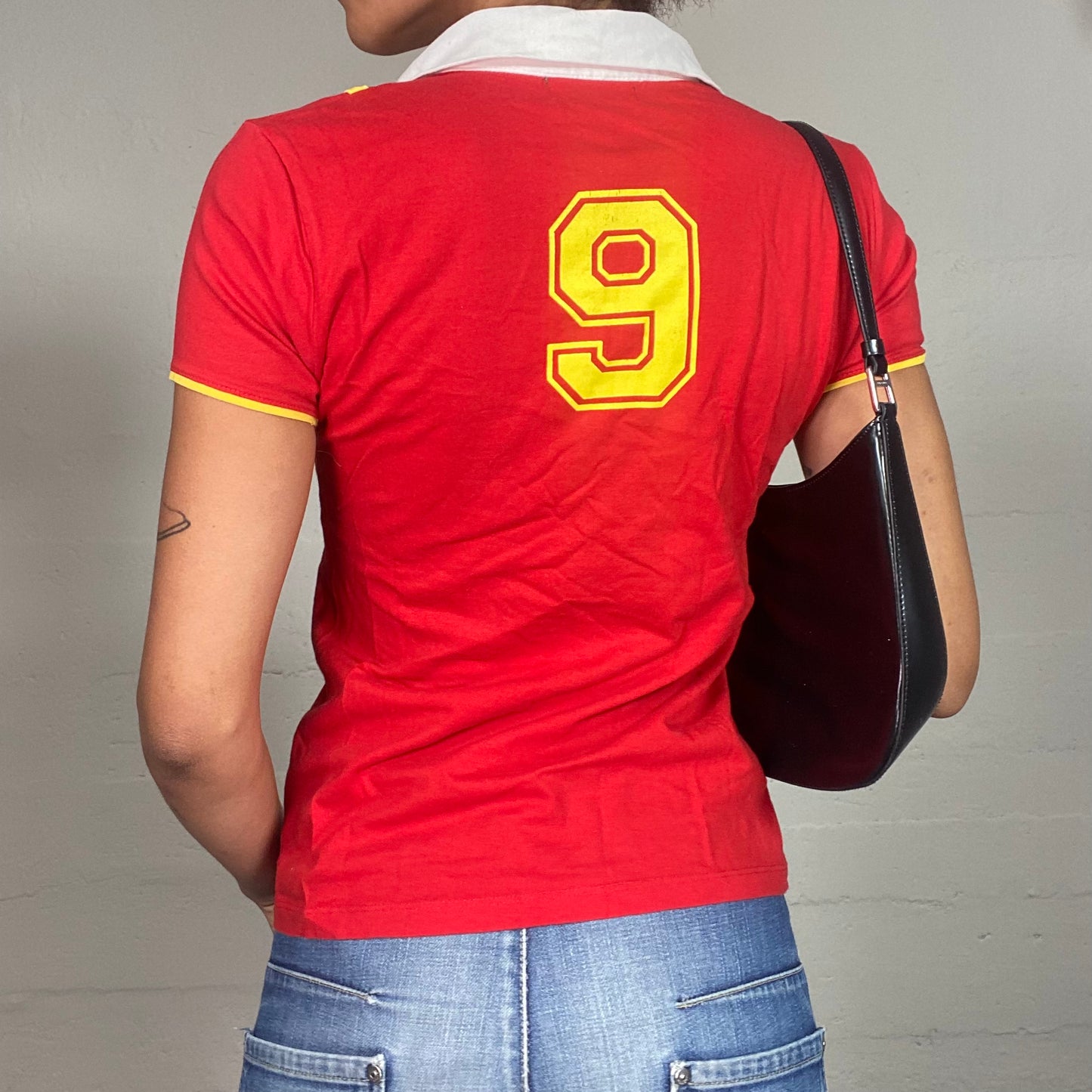 Vintage 2000's Sporty Girl Red Polo Top with White Collar and "ESPAÑA" Print (S/M)