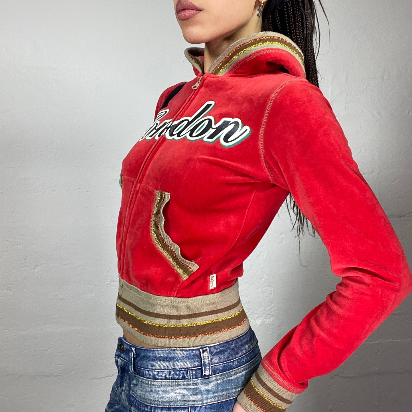 Vintage 2000's London Pepe Jeans Sporty Red Velvet Zip Up Jacket with Glitter Stripes Detail (S/M)