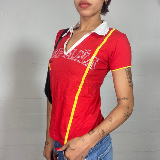 Vintage 2000's Sporty Girl Red Polo Top with White Collar and "ESPAÑA" Print (S/M)