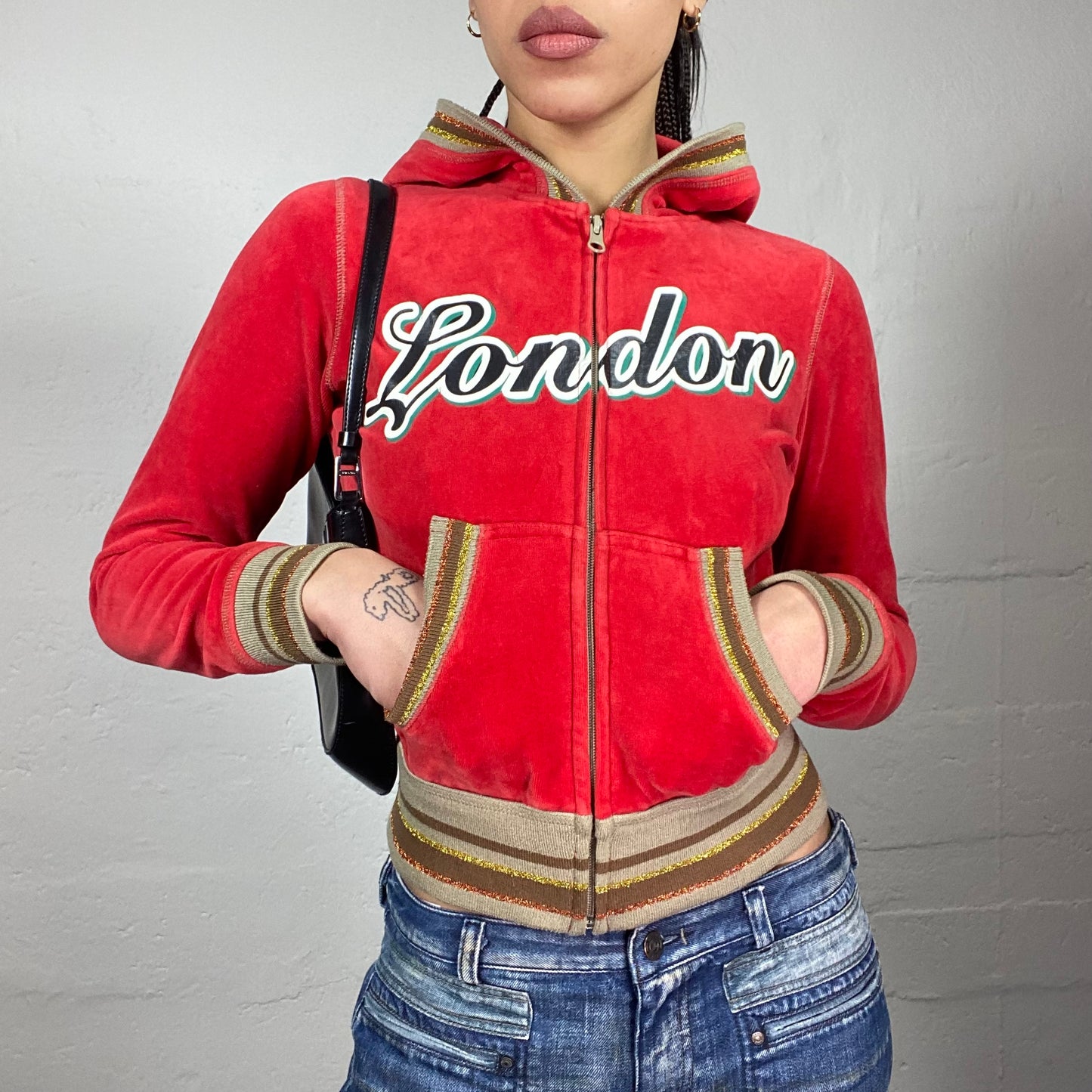 Vintage 2000's London Pepe Jeans Sporty Red Velvet Zip Up Jacket with Glitter Stripes Detail (S/M)