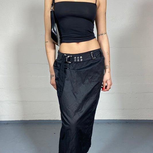 Vintage 2000's Archive Black Maxi Cargo Skirt with Bright Finish Material and Studded Belt Detail (S/M)