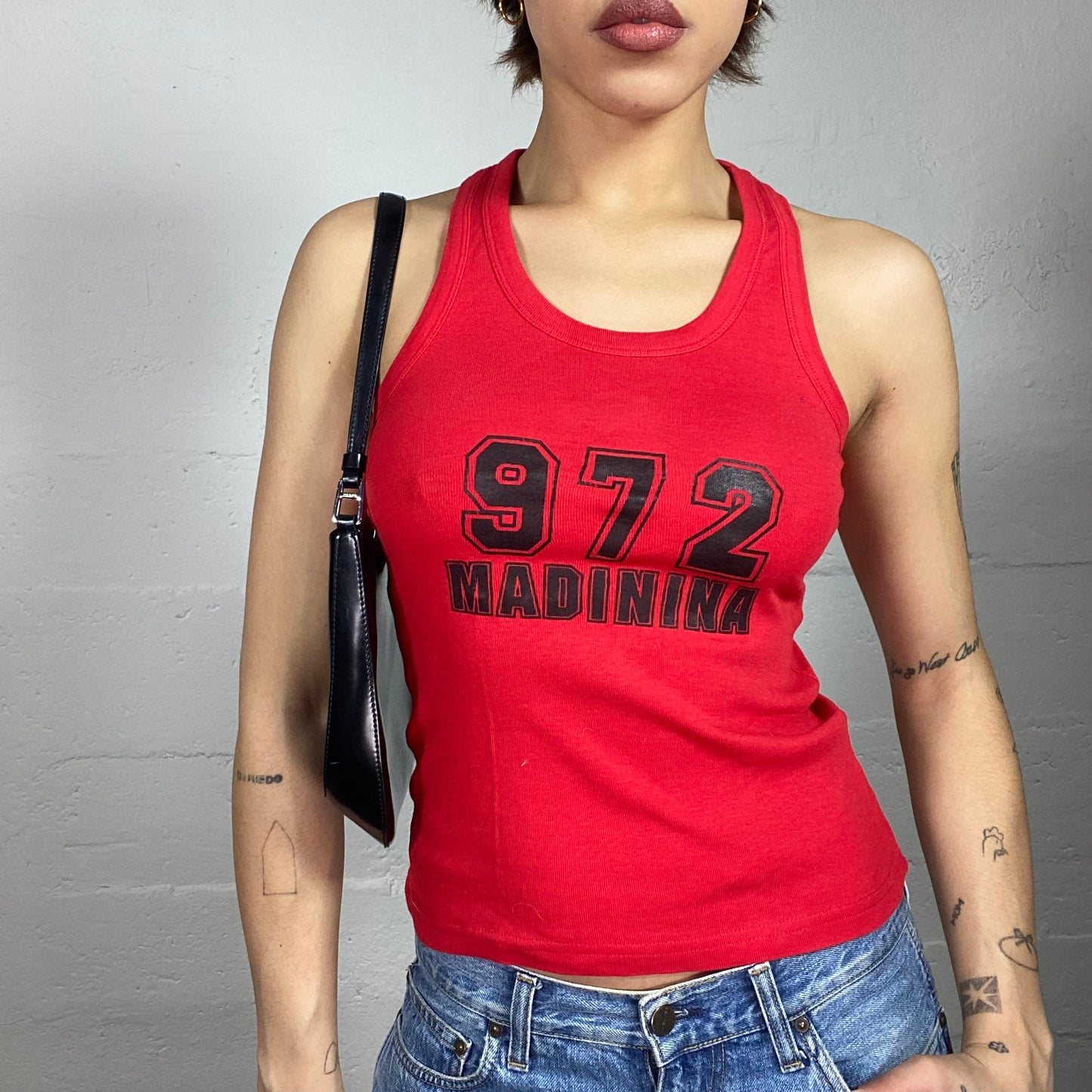 Vintage 2000's Downtown Girl Red Top with Black "972 Madinina" Chest Print (S)