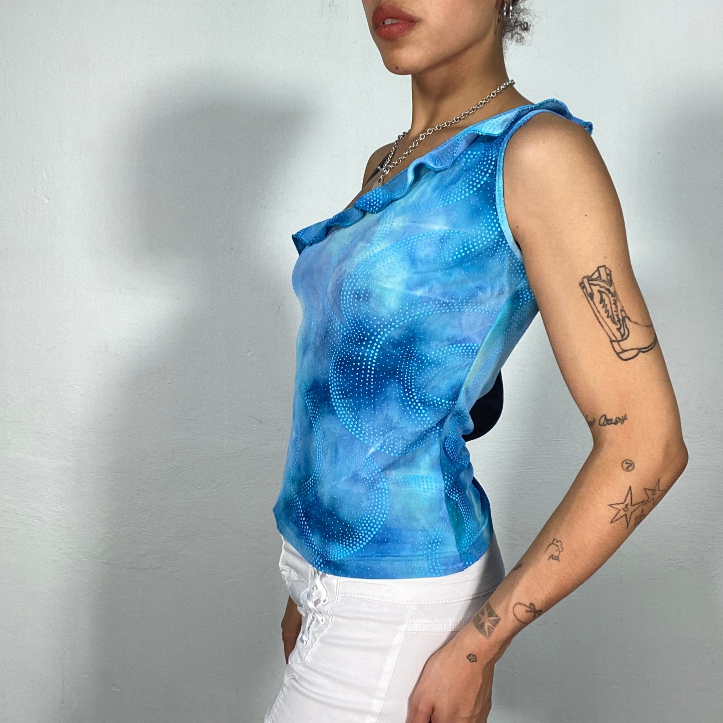 Vintage 2000's Funky Blue Batik One Shoulder Top with Dot Print (S)