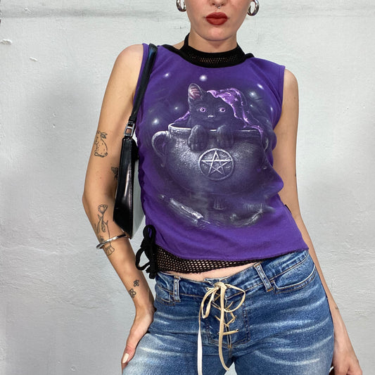 Vintage 2000's Gothic Purple Top with Witchy Black Cat Print and Fishnet Parts (S)