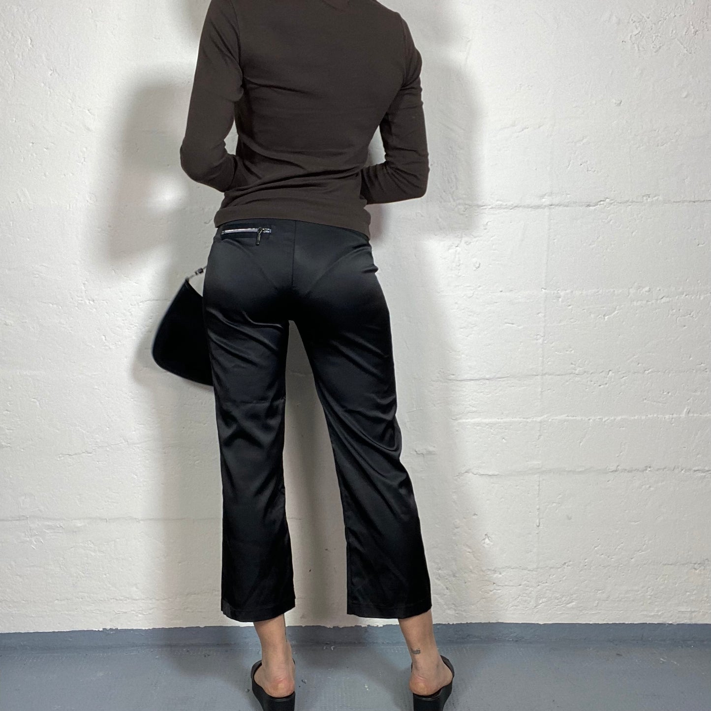 Vintage 2000's Sleaze Black Satined Capri Pants with Zips Detail (S)