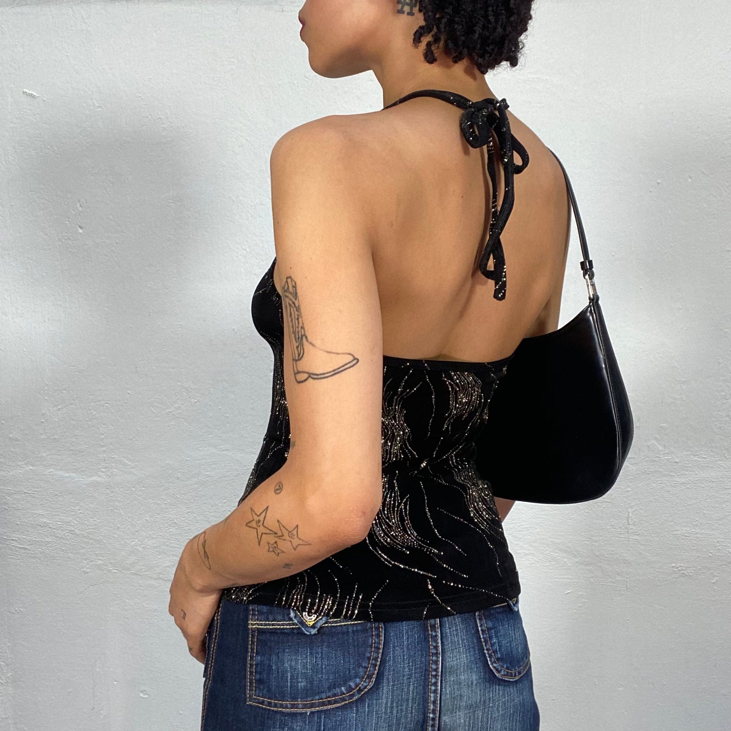 Vintage 2000's Festive Black High Neck Top with Golden Glitter Print (S)