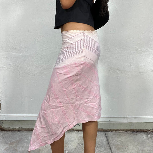 Vintage 2000's Indie Baby Pink Asymmetric Midi Skirt with Trim (S)