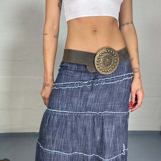 Vintage 2000's Cow-Girl Brown Faux Leather Belt with Gold Medusa Buckle