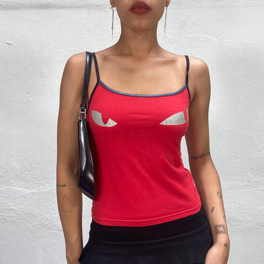 Vintage 2000's Clubwear Red Cami Top with Silver Cat Eye Print (S)