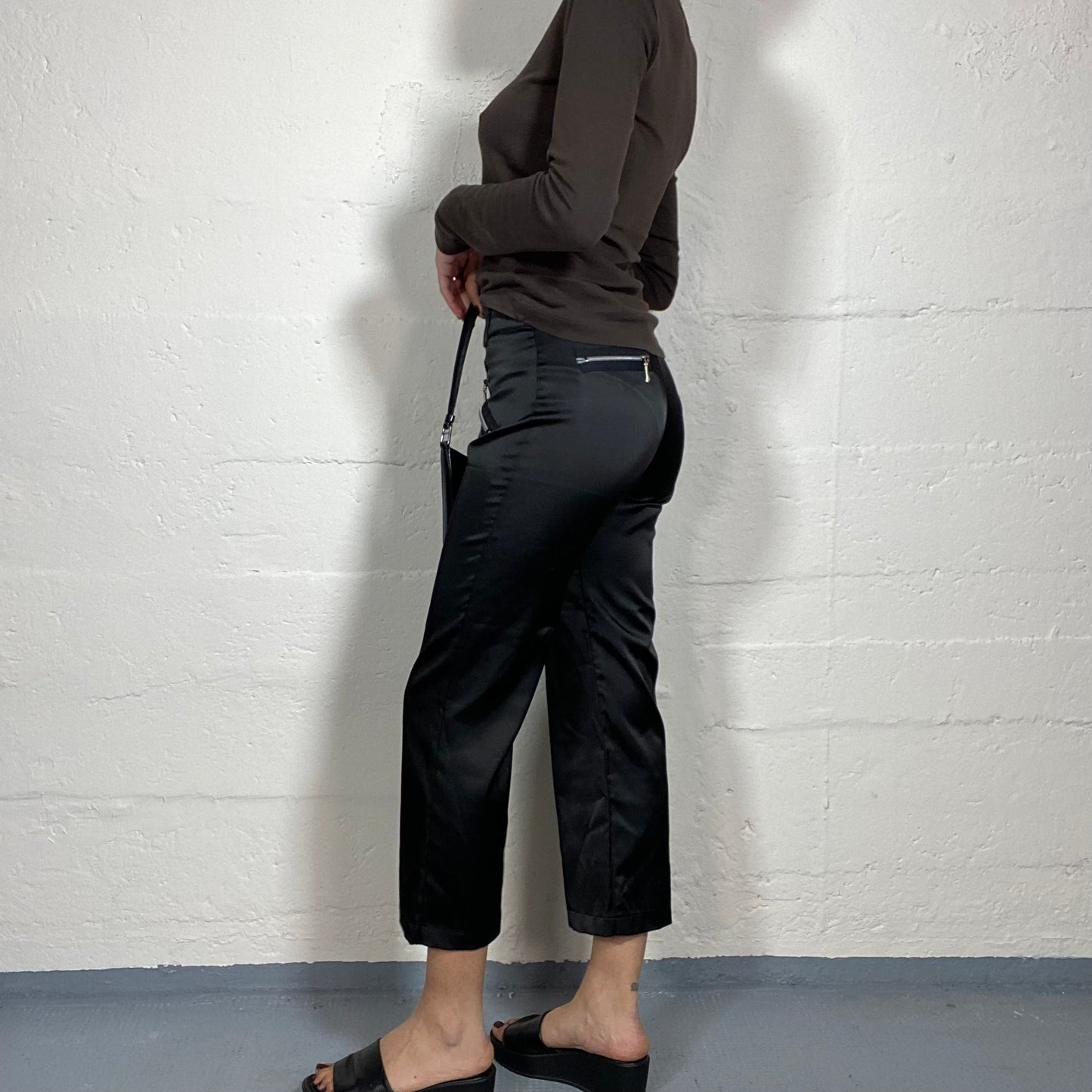 Vintage 2000's Sleaze Black Satined Capri Pants with Zips Detail (S)