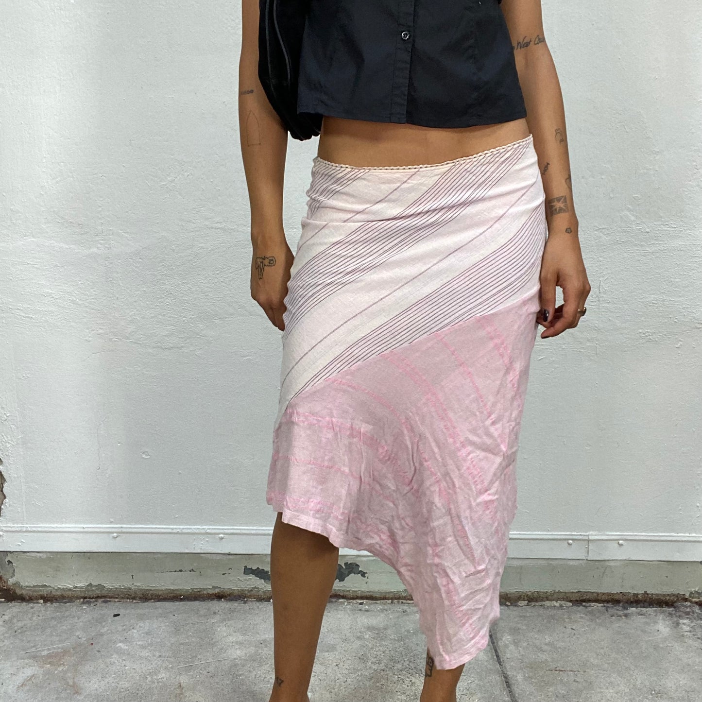 Vintage 2000's Indie Baby Pink Asymmetric Midi Skirt with Trim (S)