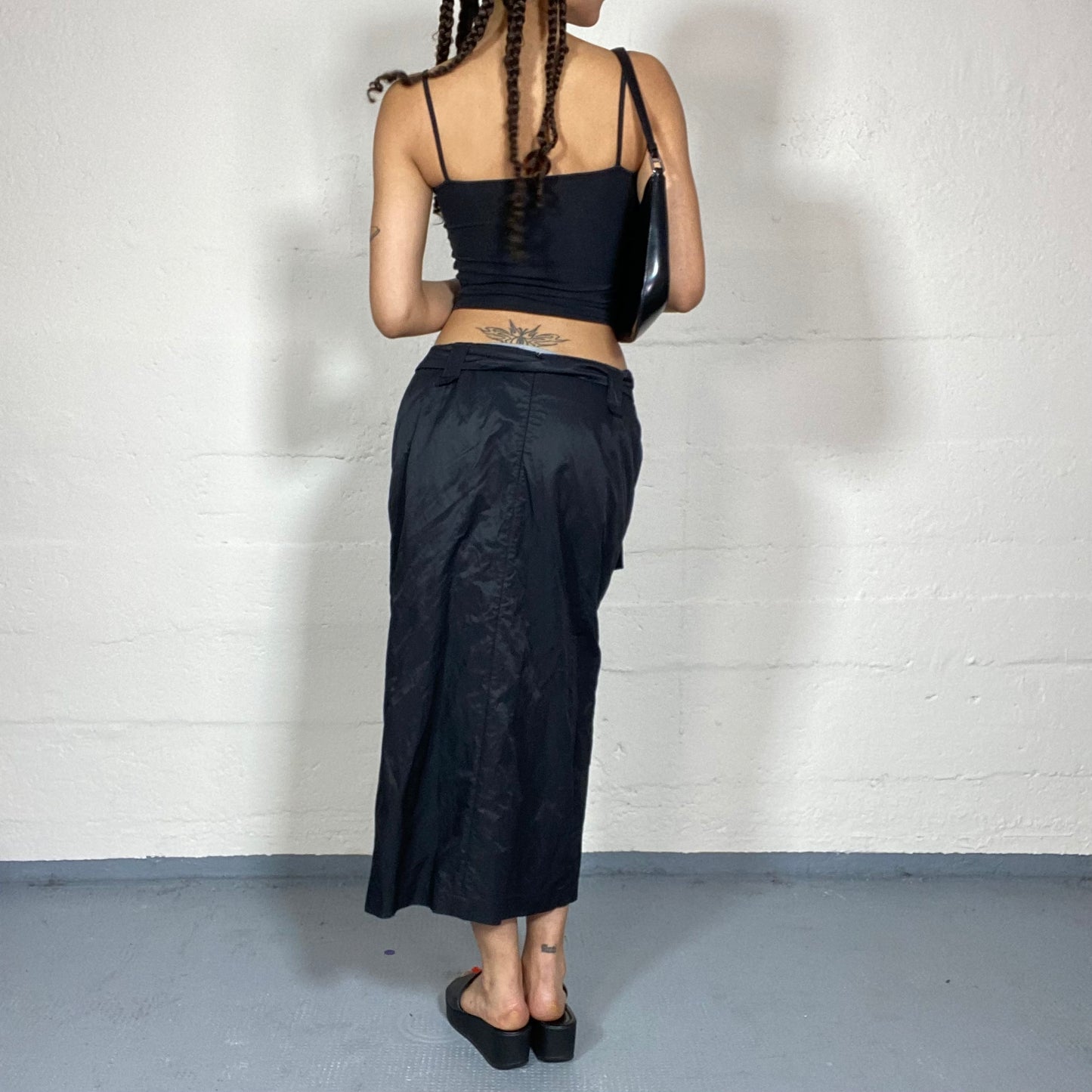 Vintage 2000's Archive Black Maxi Cargo Skirt with Bright Finish Material and Studded Belt Detail (S/M)