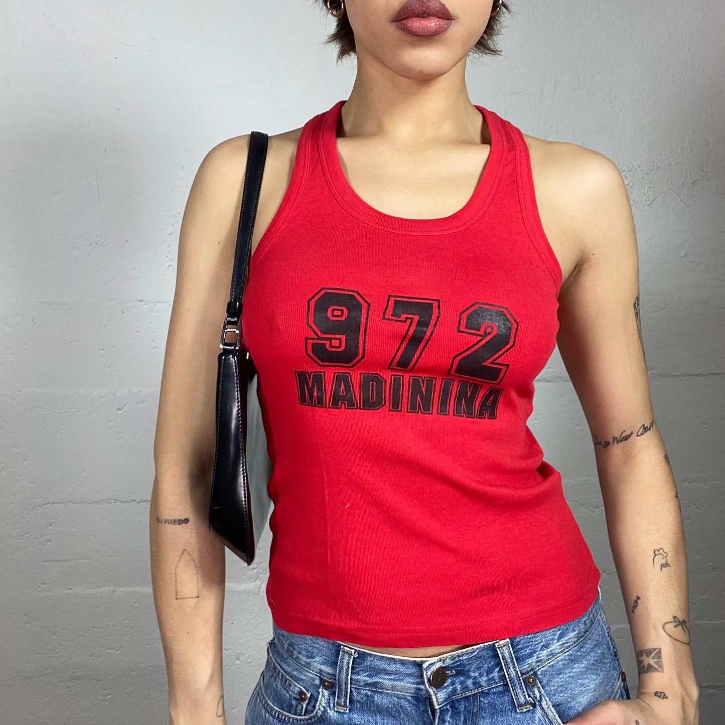 Vintage 2000's Downtown Girl Red Top with Black "972 Madinina" Chest Print (S)