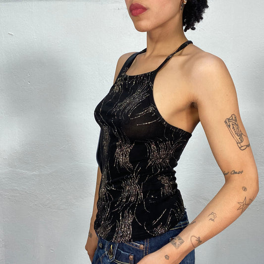 Vintage 2000's Festive Black High Neck Top with Golden Glitter Print (S)