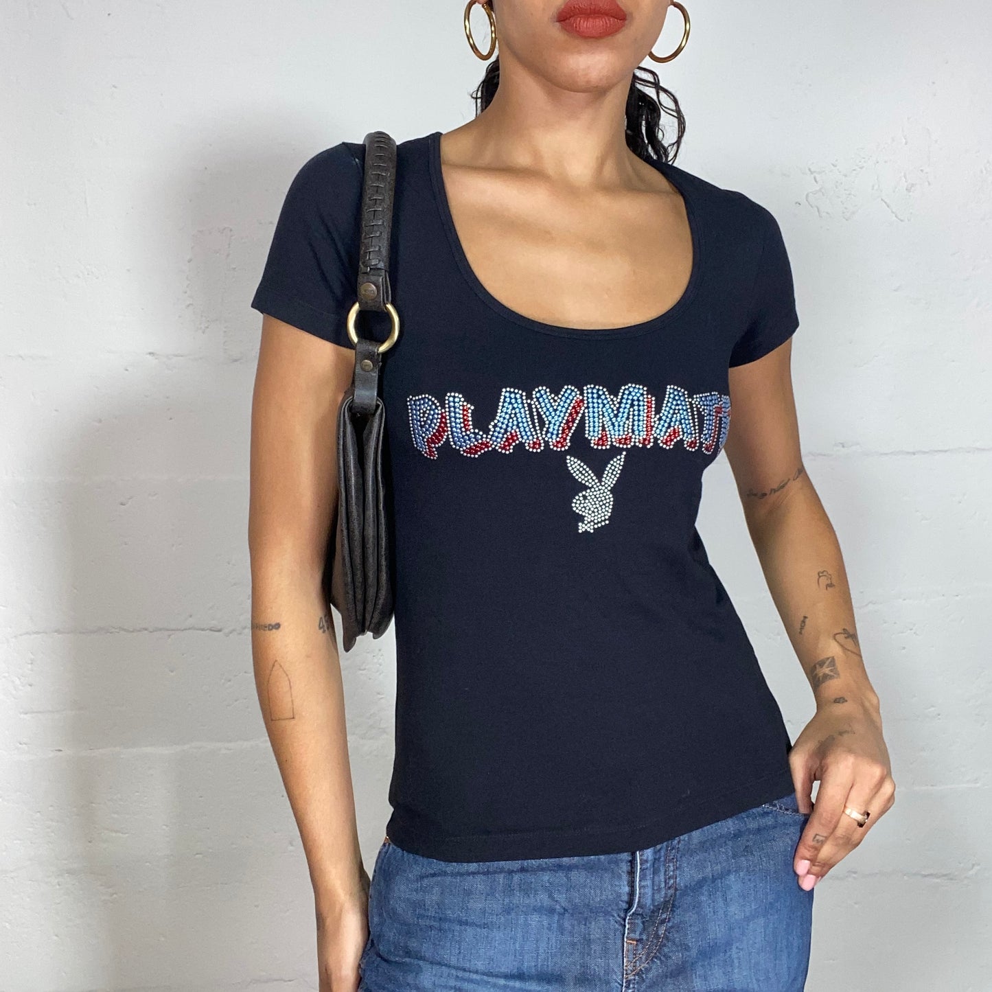 Vintage 90's Playboy Archive Black Top with "Playmate" and Logo Strass Detail (S)