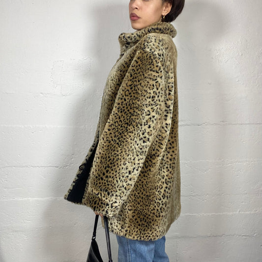 Vintage 90's Mob Wife Brown Mid Fluffy Jacket with Cheetah Print (M)