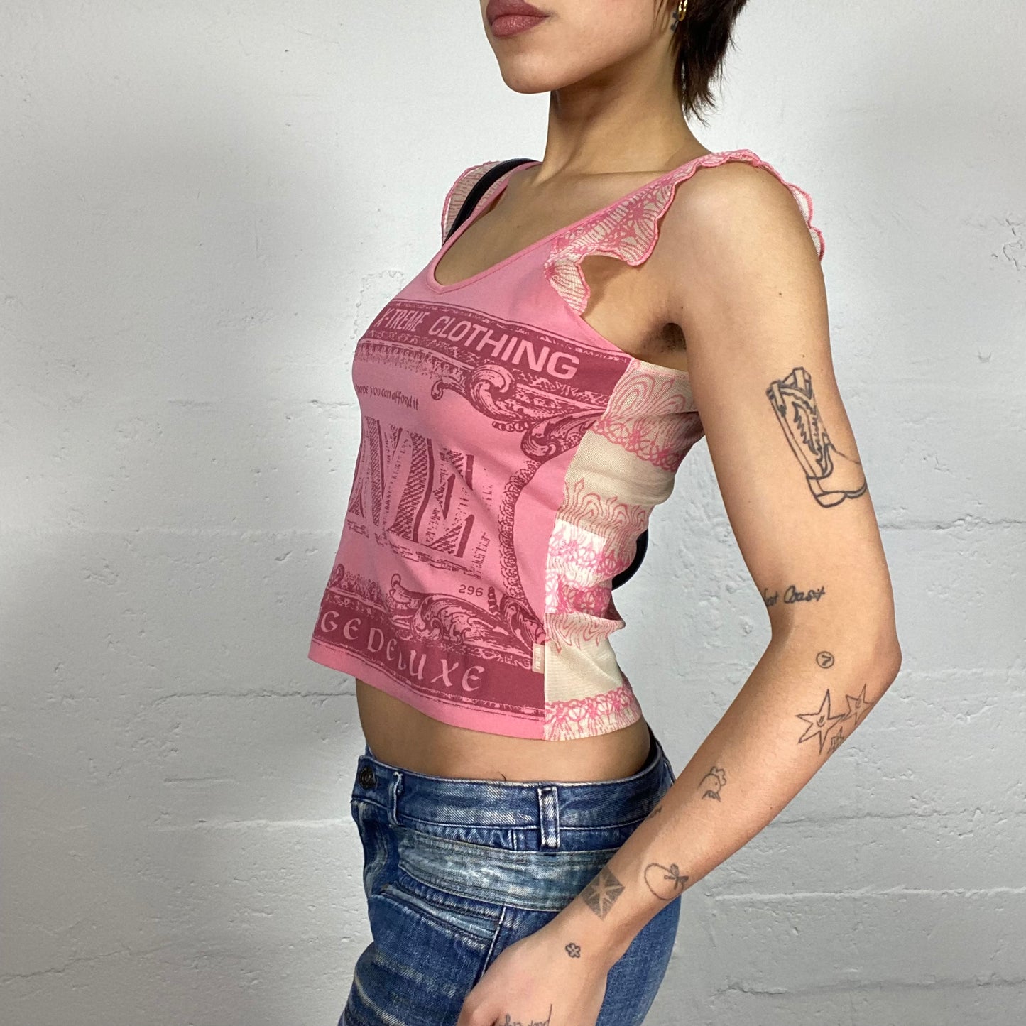 Vintage 2000's Downtown Girl Pink Top with Ticket "I hope you can afford it" Print (M)