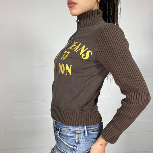 Vintage 2000's Pepe Jeans College Girl Khaki Zip Up Sweater with Brand Golden Print (S)