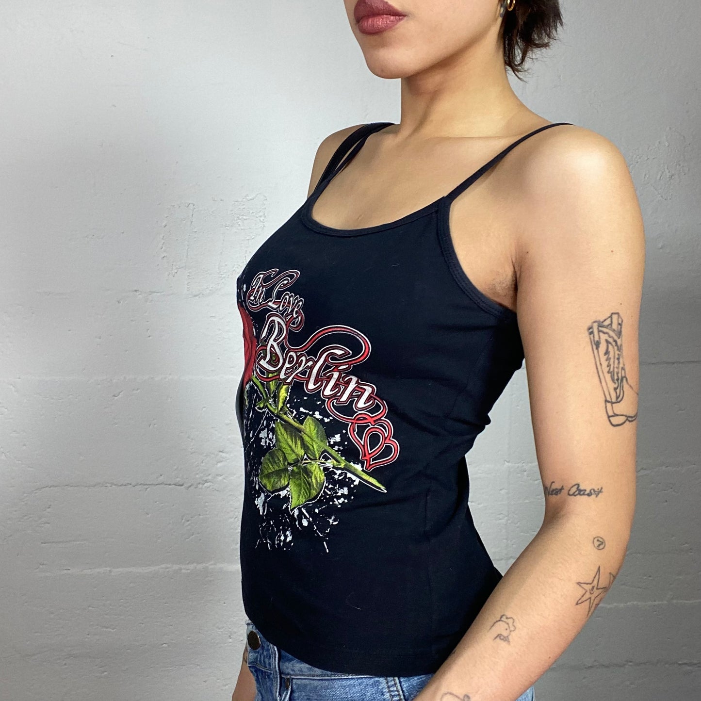 Vintage 2000's Downtown Girl Black Top with Red Rose "In Love Berlin" Print (S)