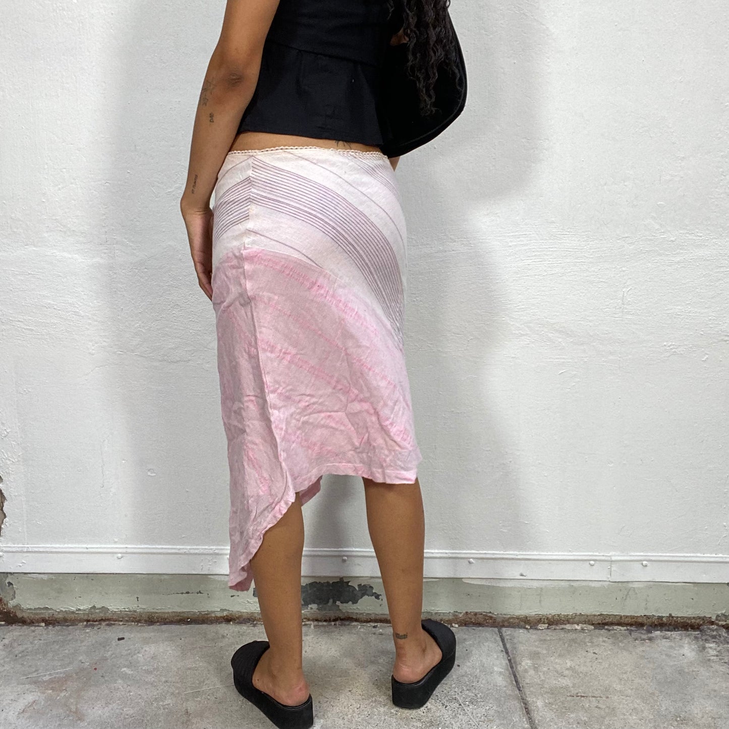 Vintage 2000's Indie Baby Pink Asymmetric Midi Skirt with Trim (S)