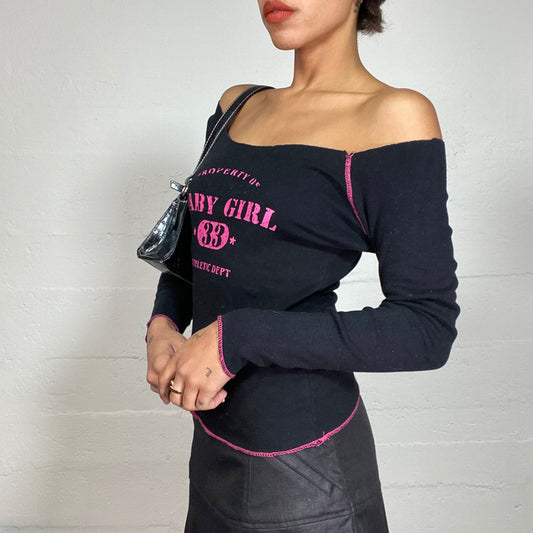 Vintage 2000's Sporty Black Longsleeve Off Shoulder Top with Fuchsia Print (S/M)